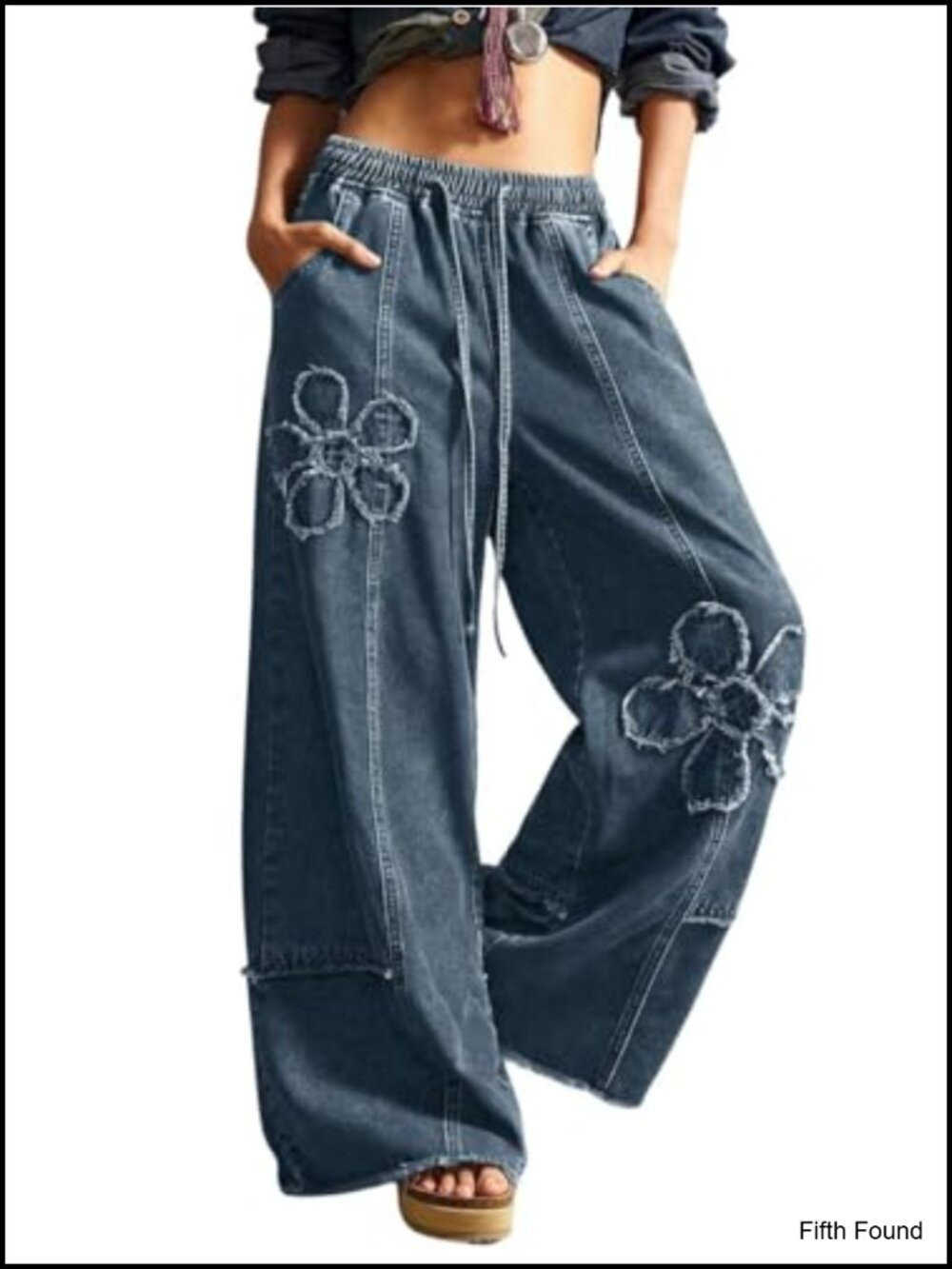 Wide Leg Floral Jeans Y2K Fringe Baggy Denim Culottes Palazzo Pants